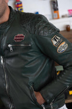 Forest-green sheep leather biker jacket with retro racing patches. - Image n°4