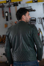 Forest-green sheep leather biker jacket with retro racing patches. - Image n°6