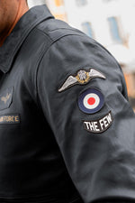 Navy blue aviator style leather jacket with shirt collar - Image n°3