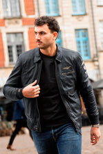 Navy blue aviator style leather jacket with shirt collar - Image n°6