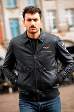 Navy blue aviator style leather jacket with shirt collar - Image n°1