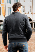 Navy blue aviator style leather jacket with shirt collar - Image n°8