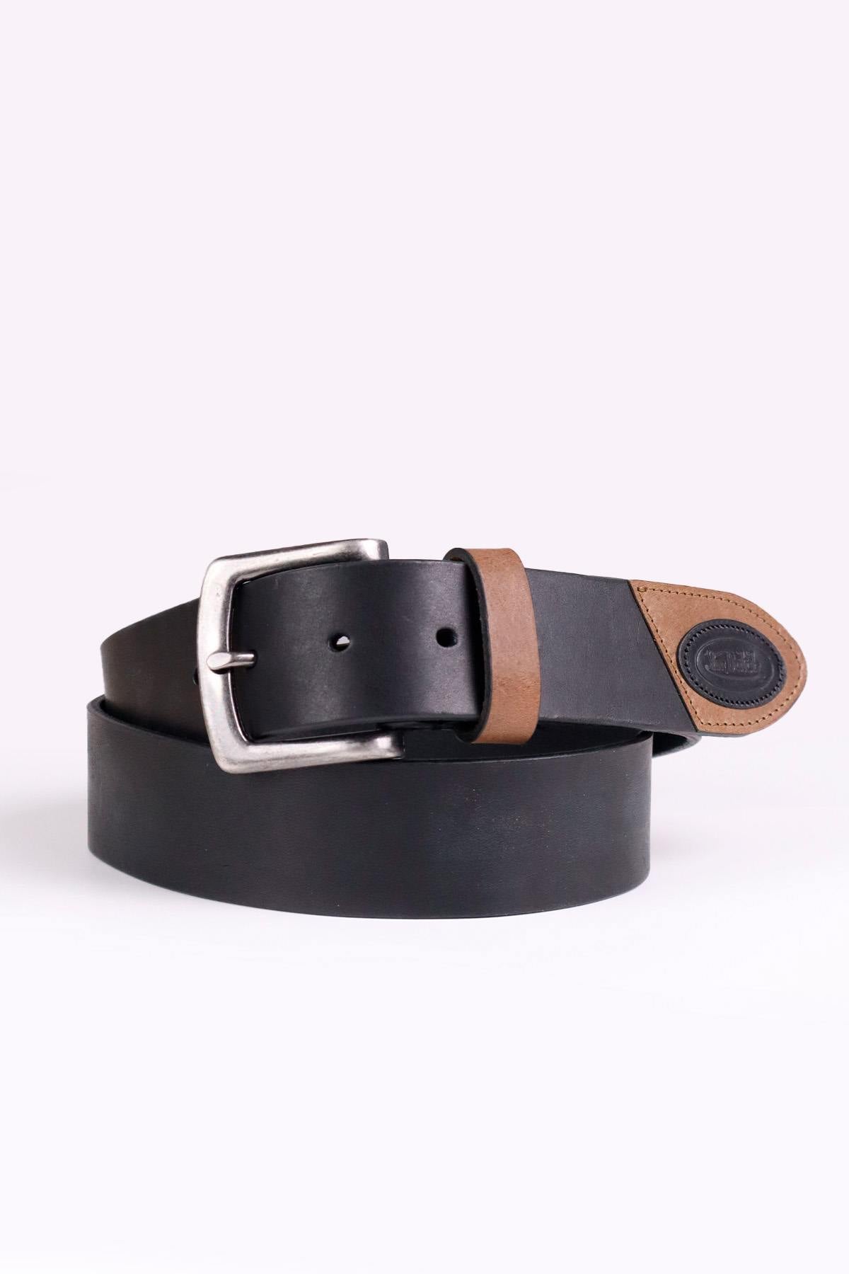 Black cowhide leather belt with cognac inserts - Image n°1