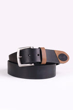 Black cowhide leather belt with cognac inserts - Image n°1