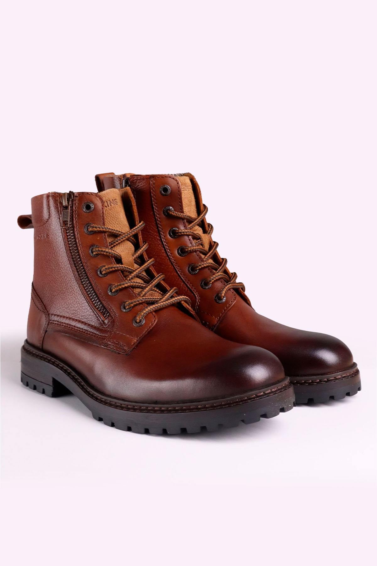 Cognac-colored leather lace-up boots with side zips - Image n°1