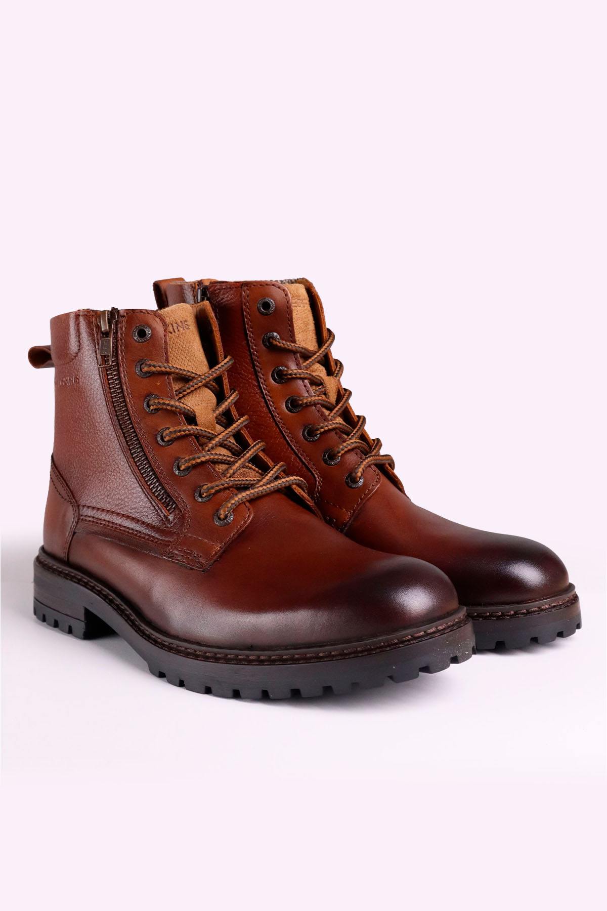 Cognac-colored leather lace-up boots with side zips - Image n°1