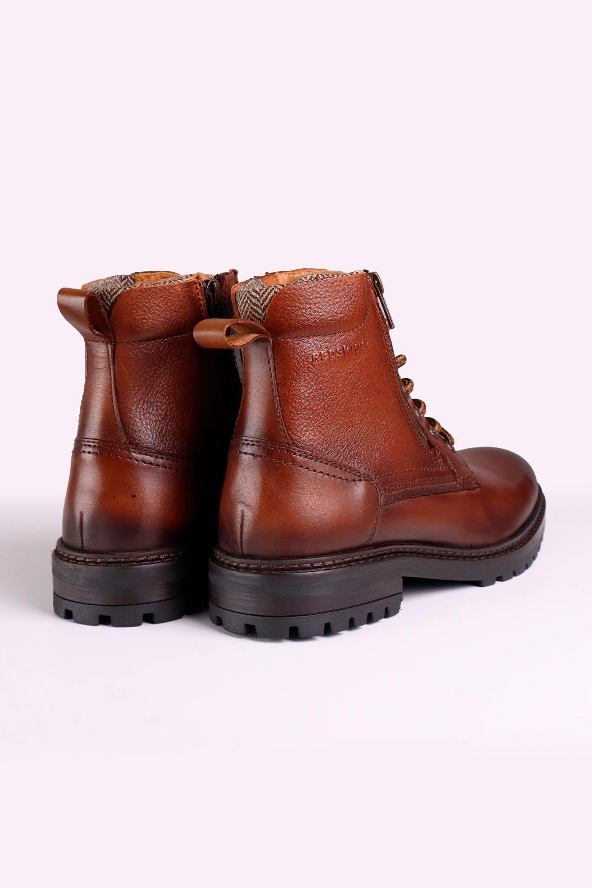 Cognac-colored leather lace-up boots with side zips - Image n°2