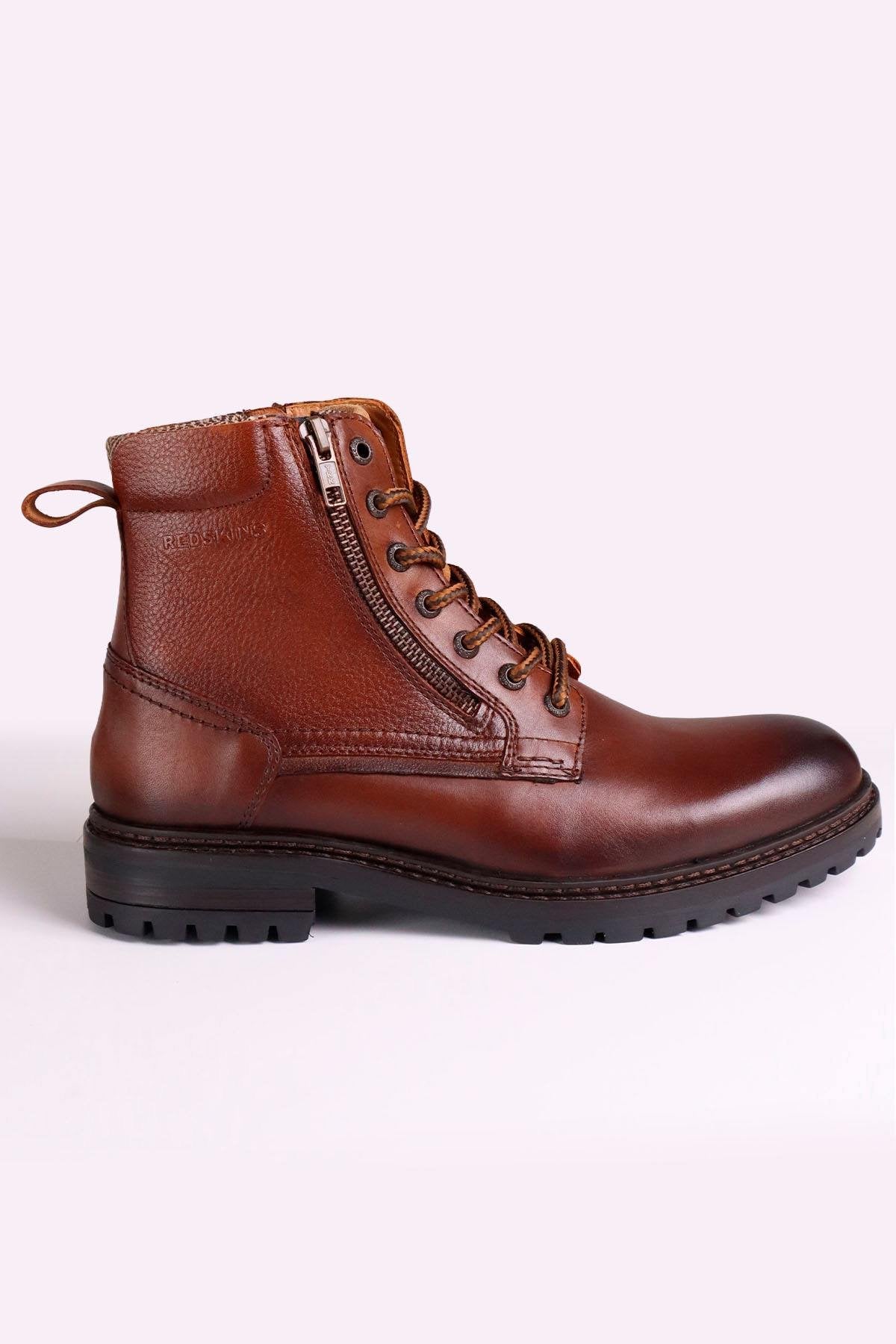 Cognac-colored leather lace-up boots with side zips - Image n°3