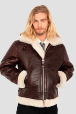 Vintage warmth meets Schott's B-3 bomber in cracked brown shearling. - Image n°3