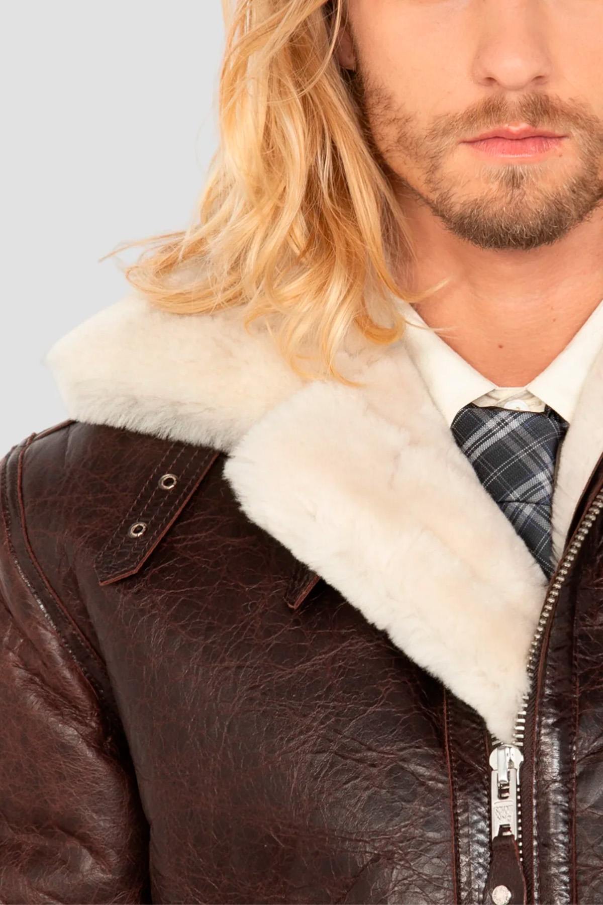 Vintage warmth meets Schott's B-3 bomber in cracked brown shearling. - Image n°8