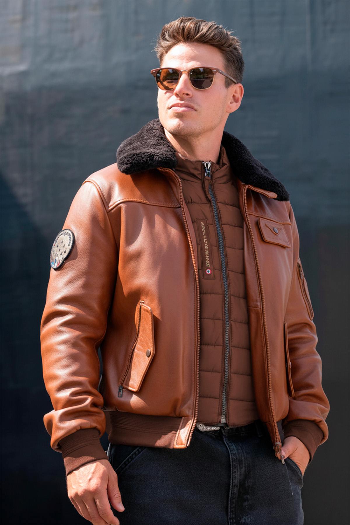 Cognac-colored leather aviator jacket of the Patrouille de France - Image n°1