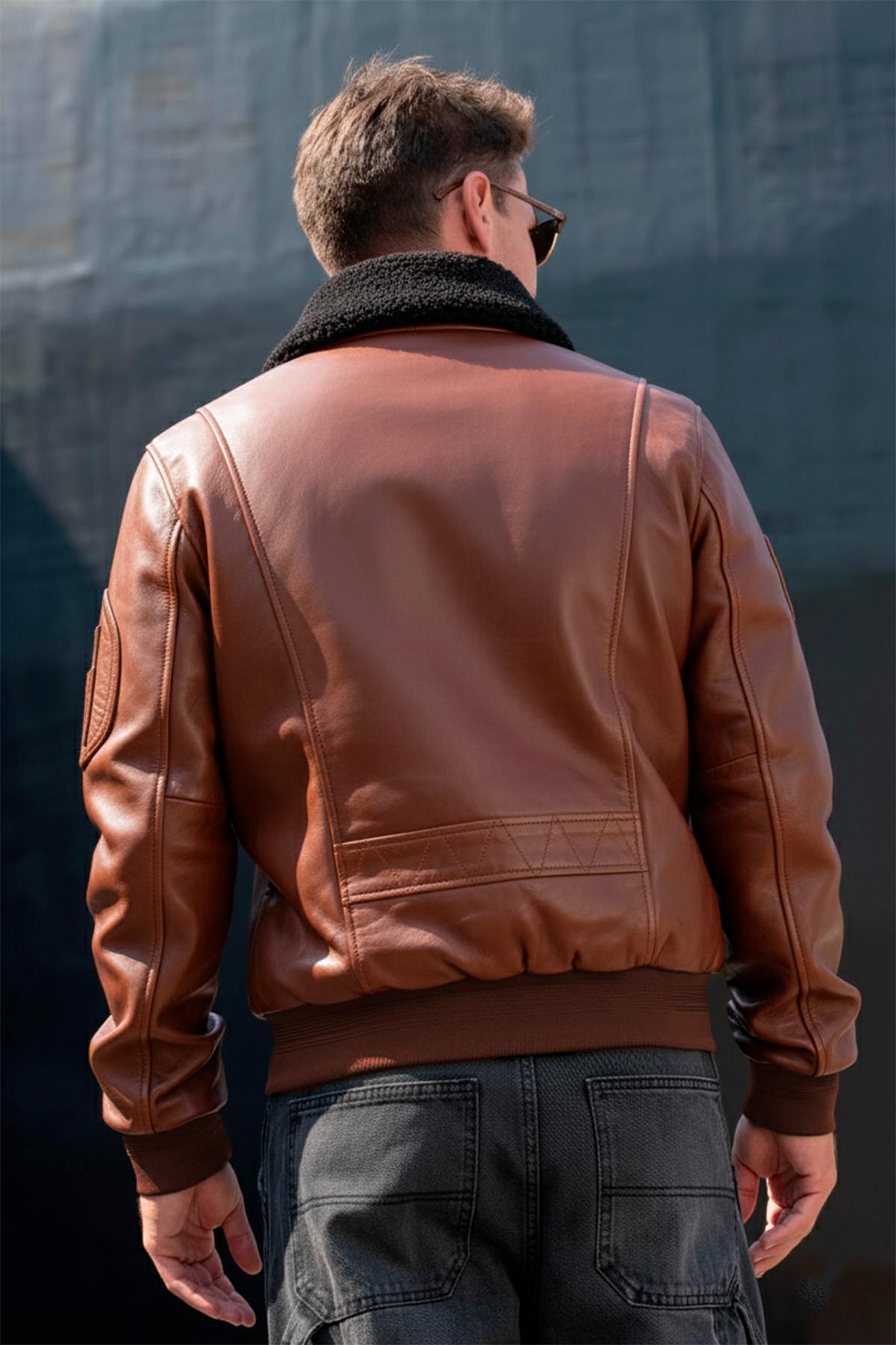 Cognac-colored leather aviator jacket of the Patrouille de France - Image n°2