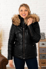 Black leather puffer jacket with real fur on the hood - Image n°1