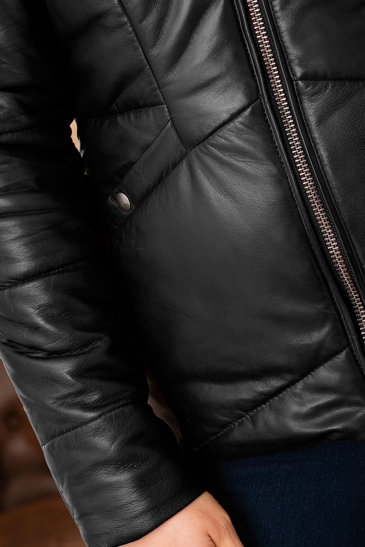Black leather puffer jacket with real fur on the hood - Image n°4
