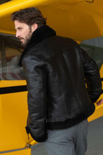 Black reversed sheep leather aviator jacket, fur-lined for warmth. - Image n°2