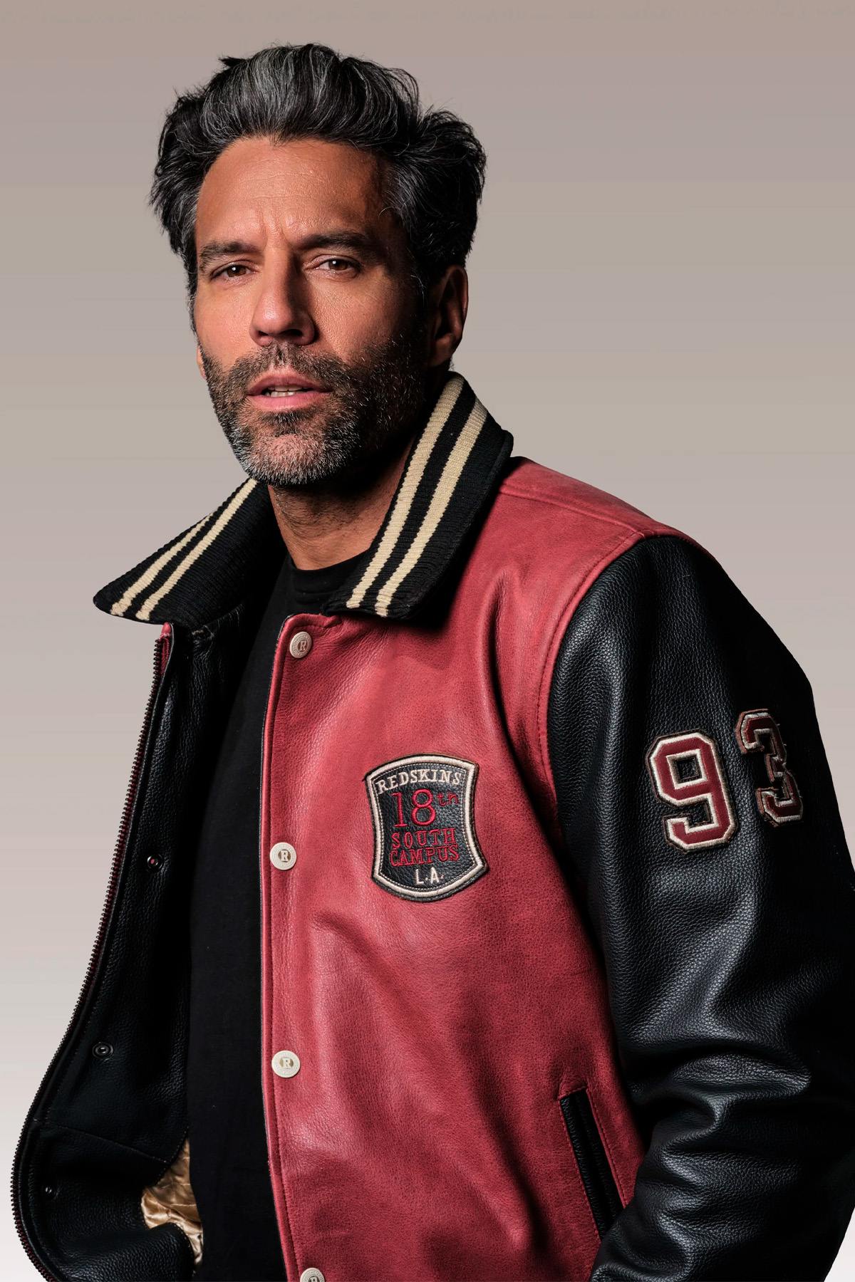 Red and black leather varsity teddy for men - Image n°2