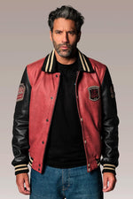 Red and black leather varsity teddy for men - Image n°1