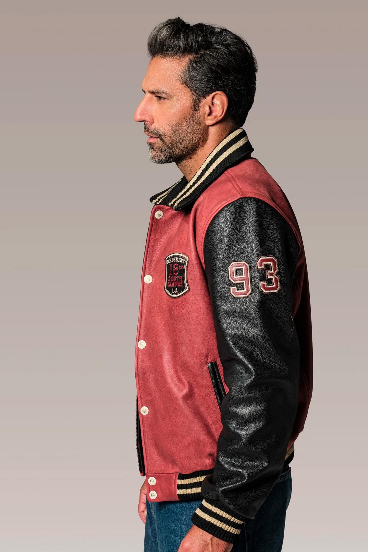 Red and black leather varsity teddy for men - Image n°5