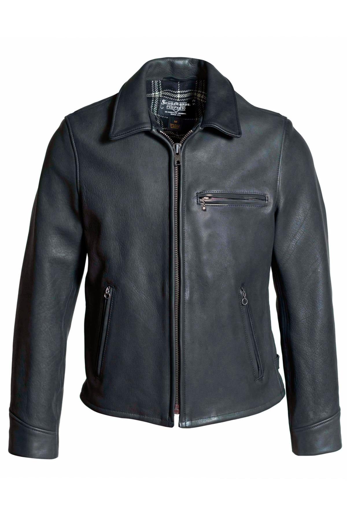 Black cowhide leather shirt-collar jacket, Made in USA - Image n°1