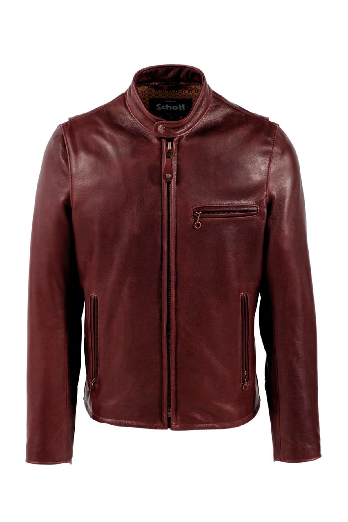 Wine red cowhide leather cafe racer jacket, Made in USA - Image n°1