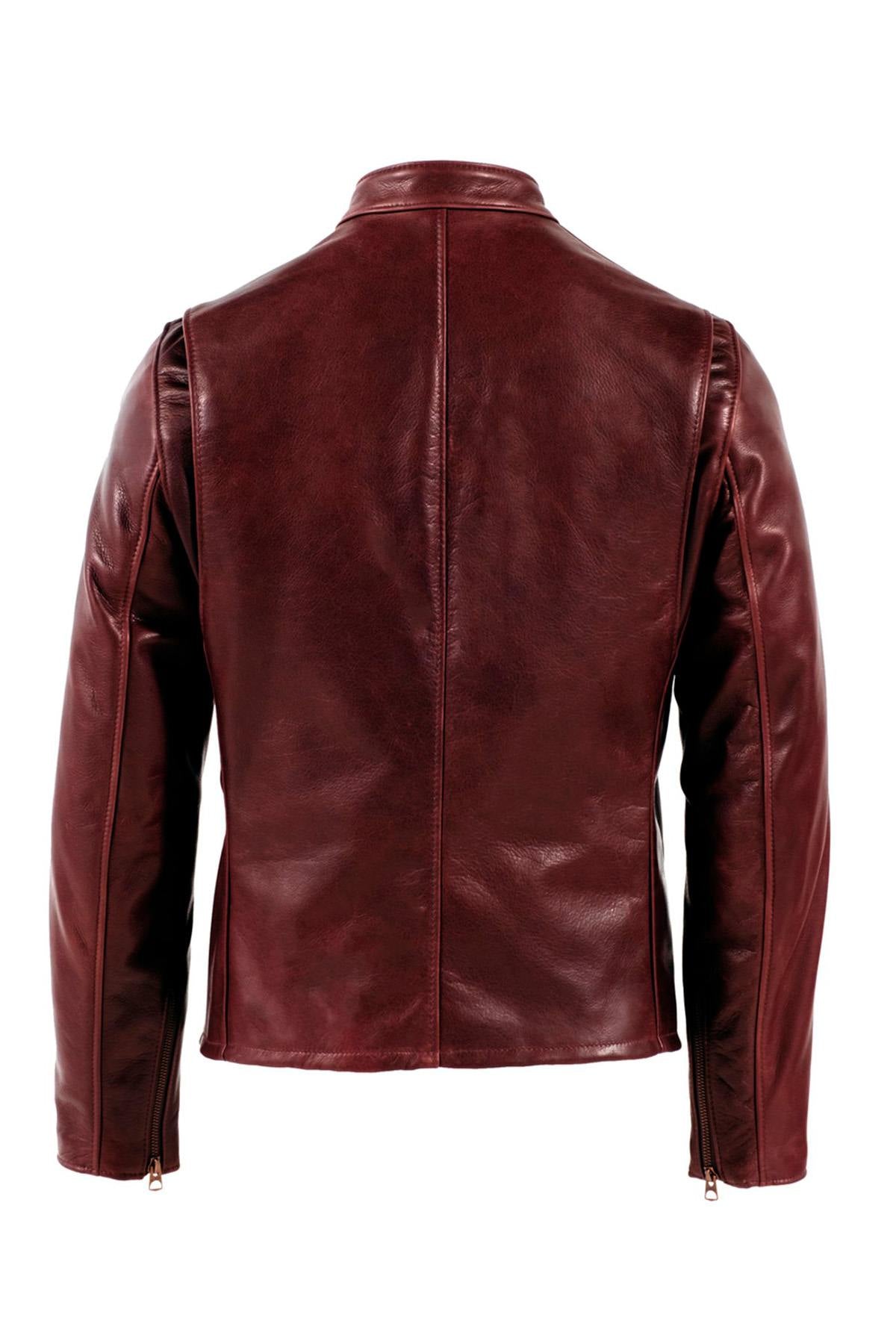 Wine red cowhide leather cafe racer jacket, Made in USA - Image n°2