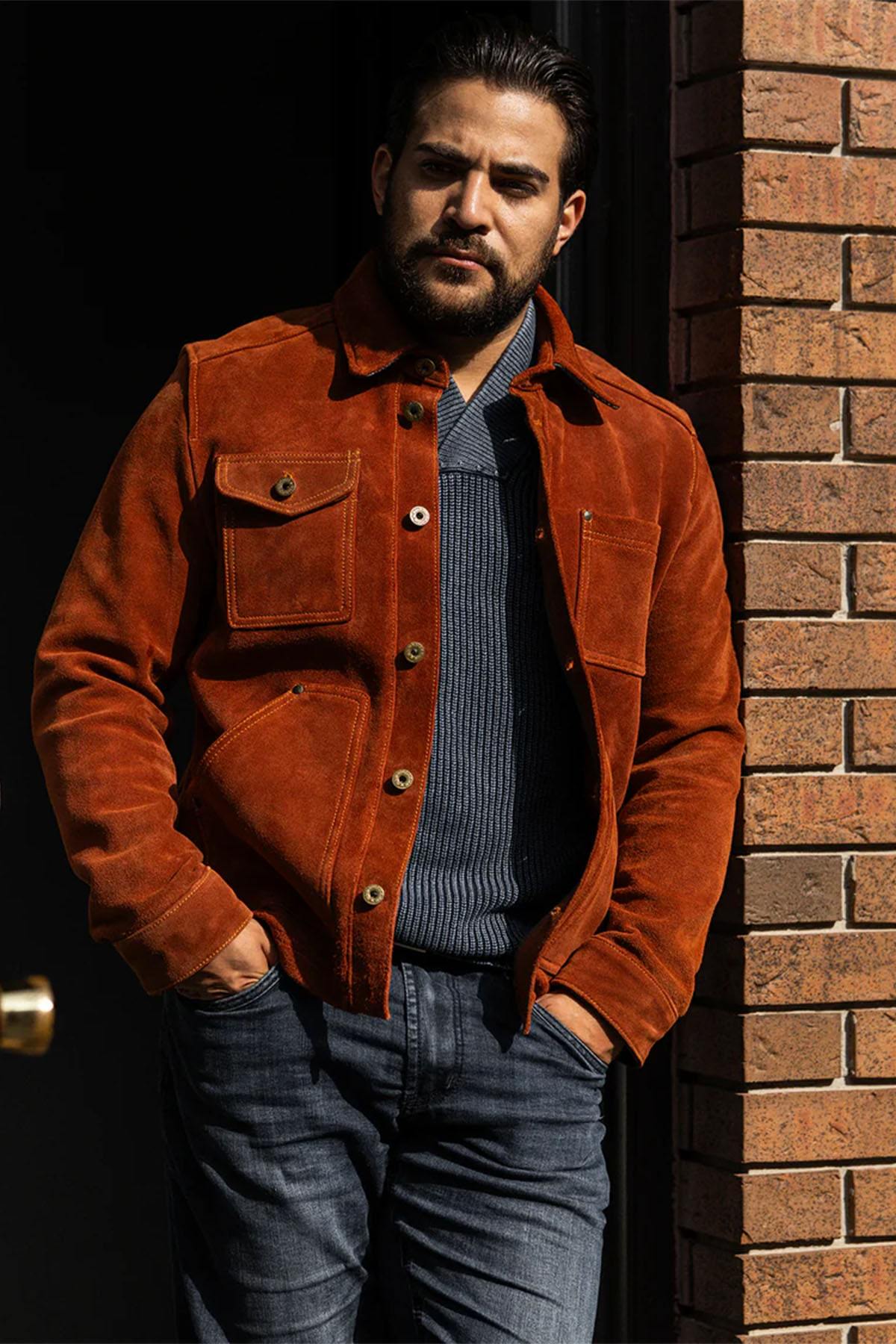 Copper-colored suede leather work jacket - Image n°13
