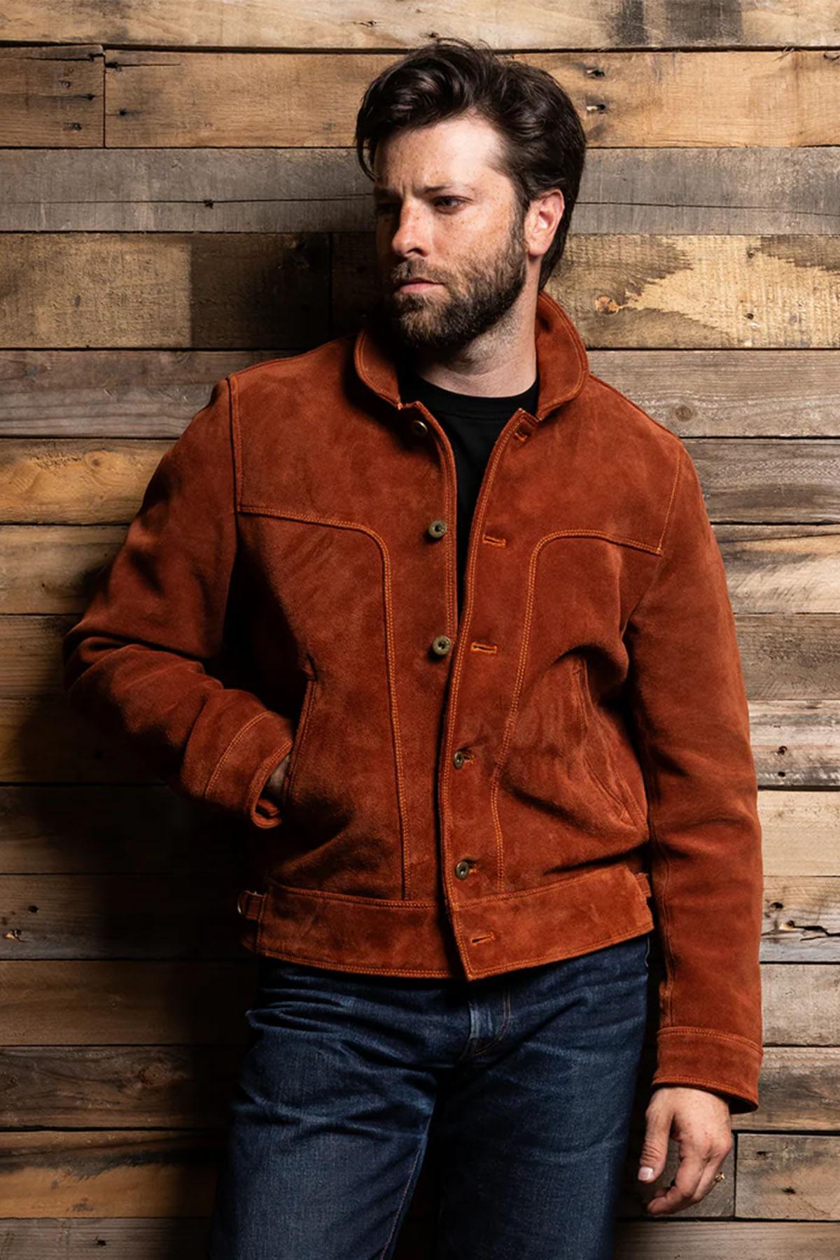 Copper-colored cowhide leather jacket with a velvet effect - Image n°9