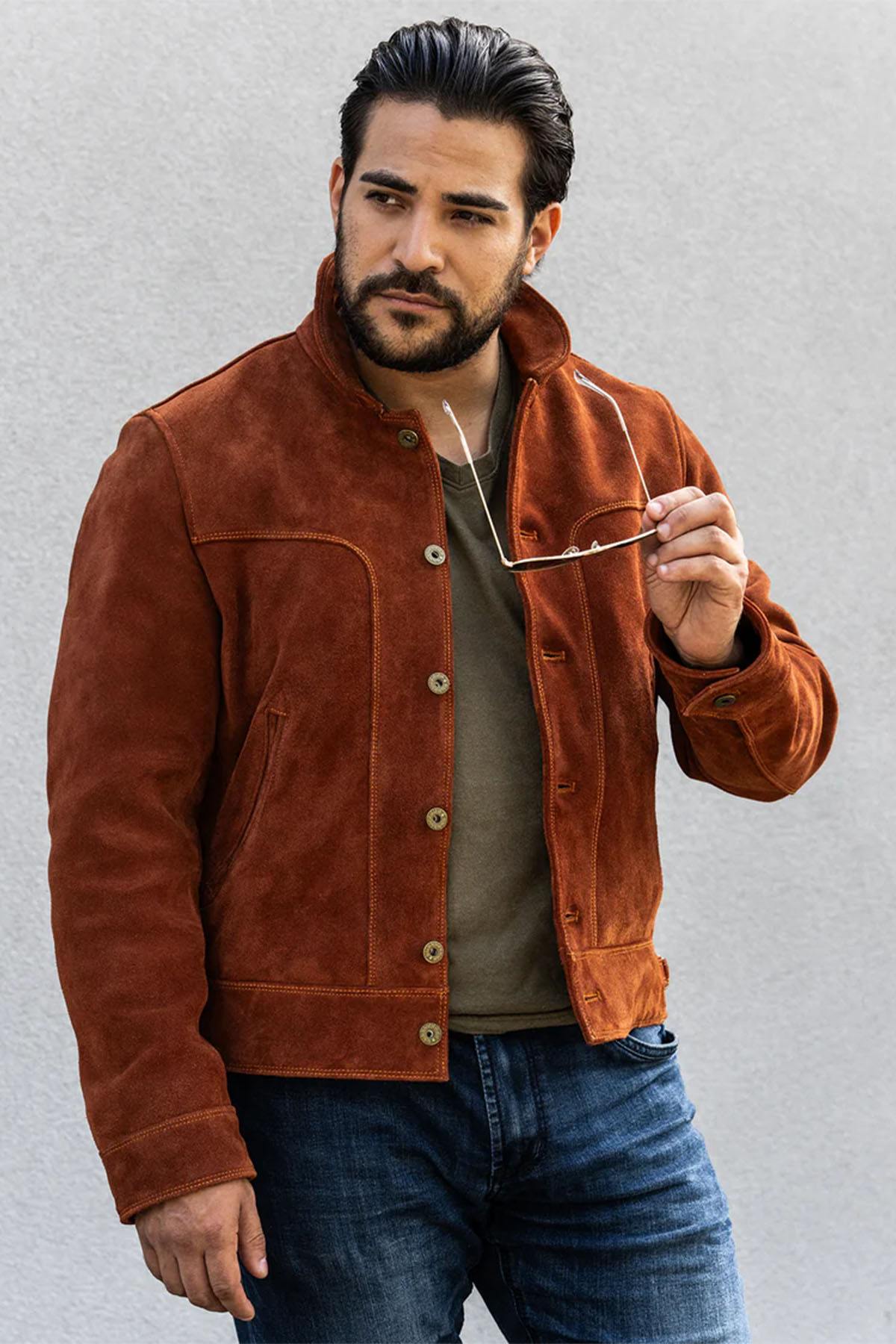 Copper-colored cowhide leather jacket with a velvet effect - Image n°1