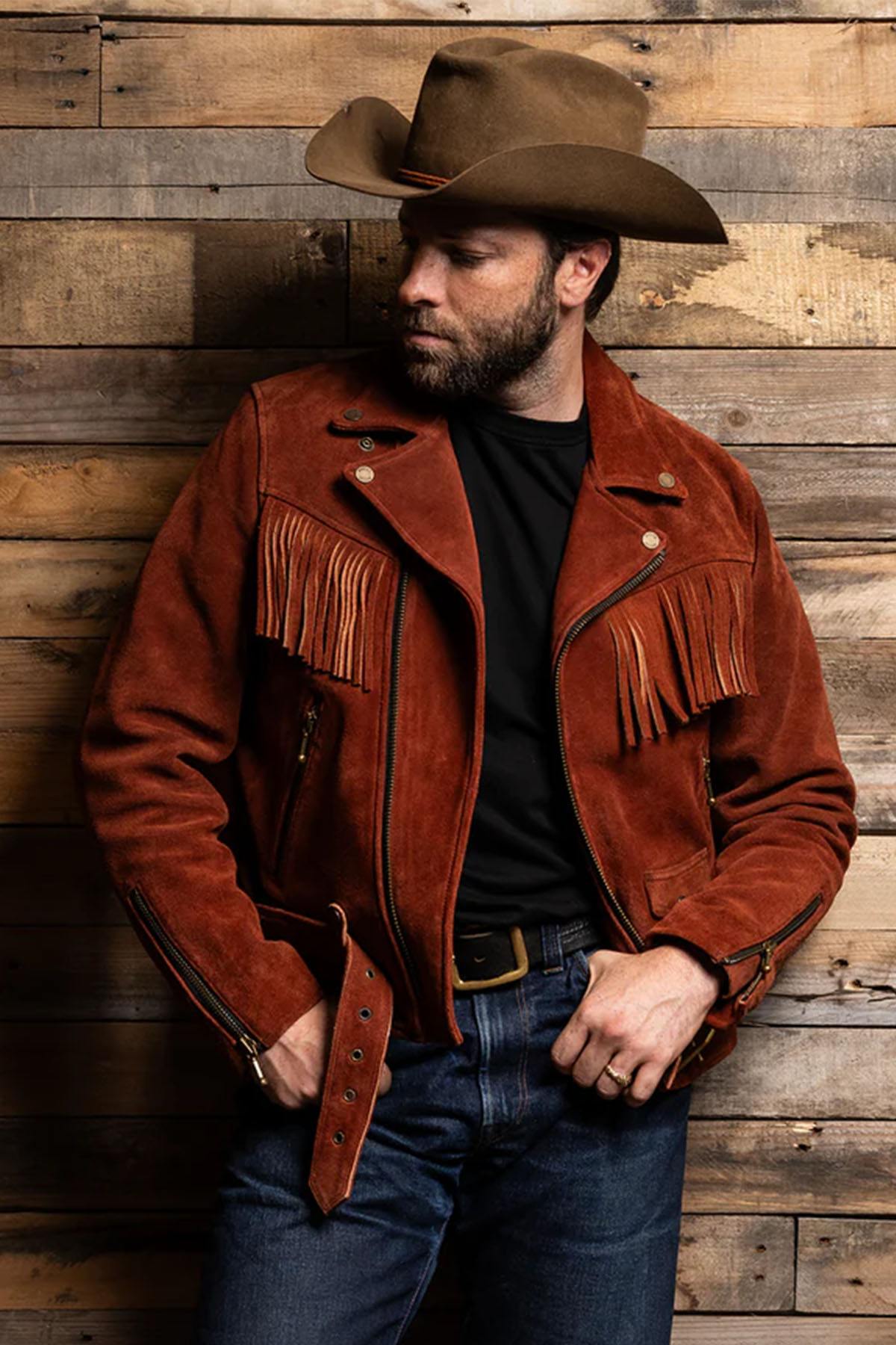 Copper-colored leather fringed biker jacket in a western style - Image n°2