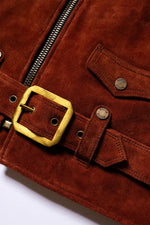 Copper-colored leather fringed biker jacket in a western style - Image n°8