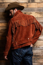 Copper-colored leather fringed biker jacket in a western style - Image n°3