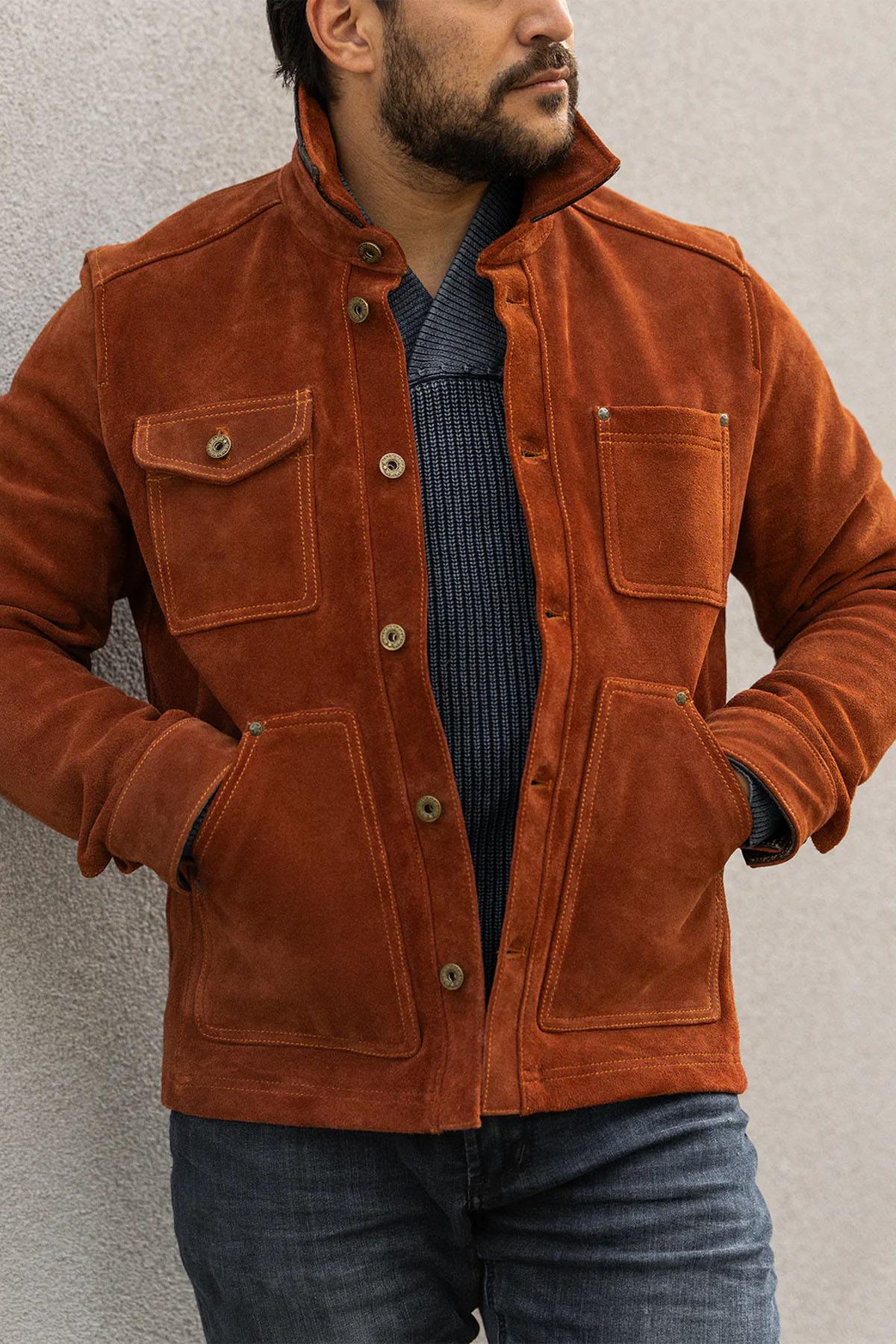 Copper-colored suede leather work jacket - Image n°12