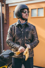 Black leather worker jacket with shirt collar - Image n°14