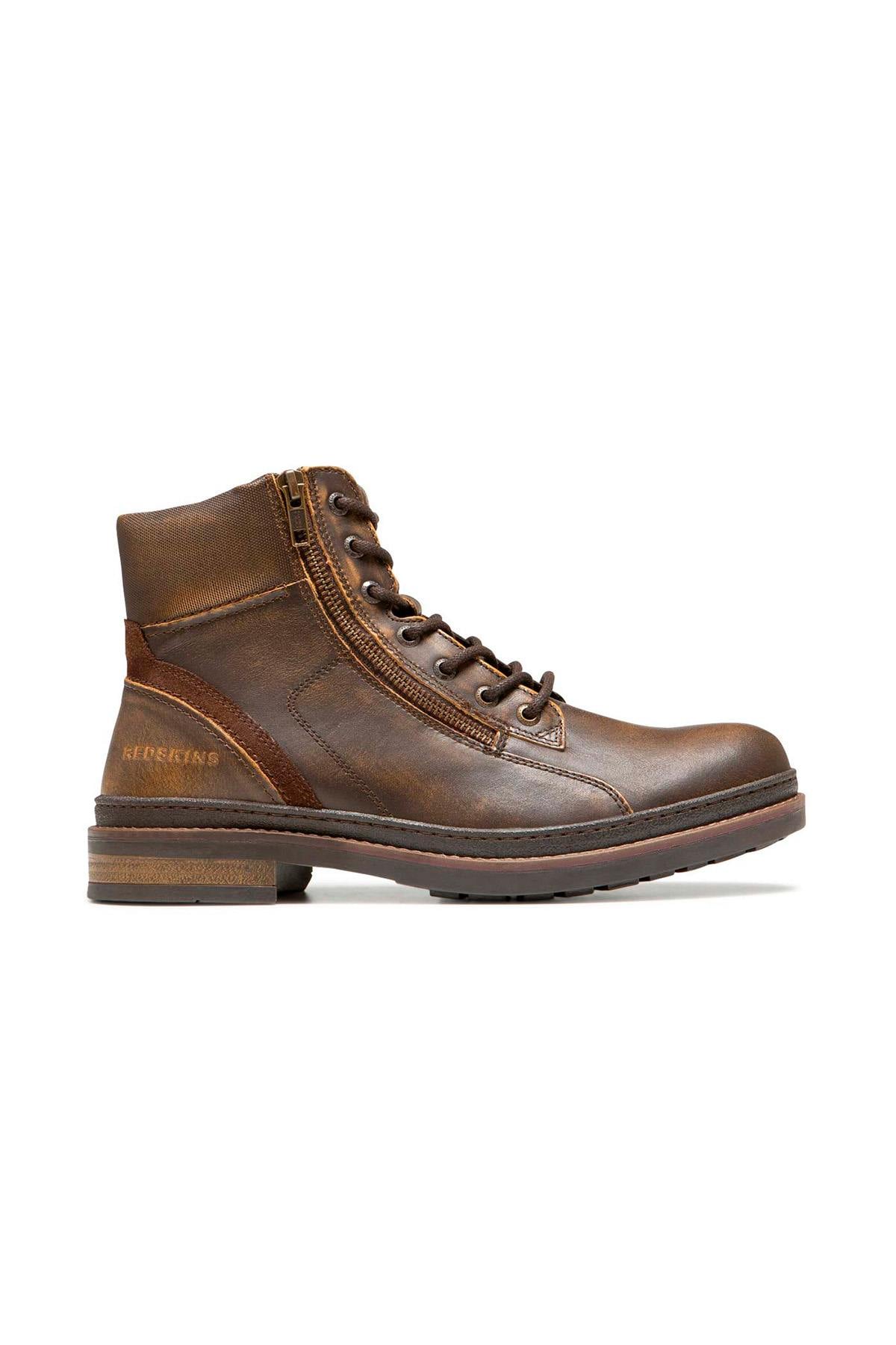 Chestnut-colored leather boots with zip and laces - Image n°3
