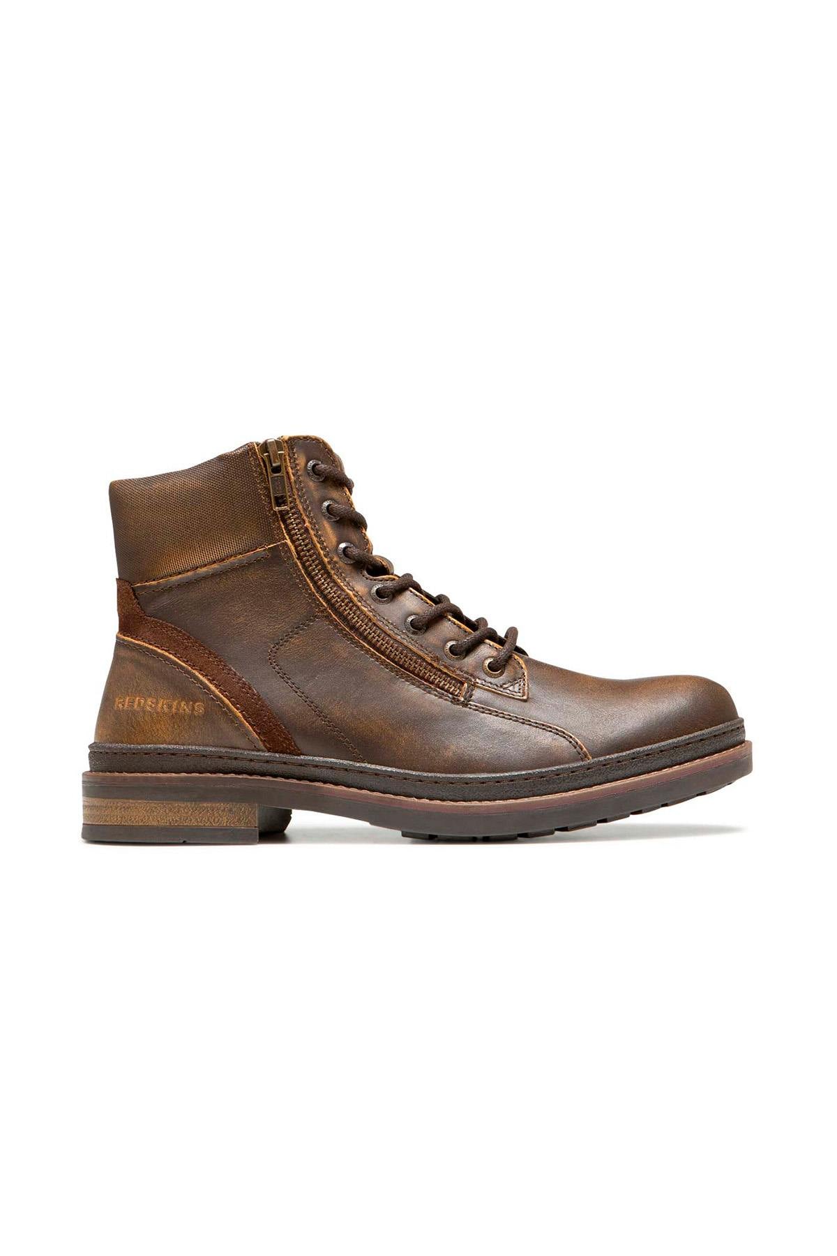 Chestnut-colored leather boots with zip and laces - Image n°3