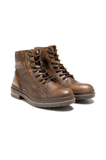 Chestnut-colored leather boots with zip and laces - Image n°1