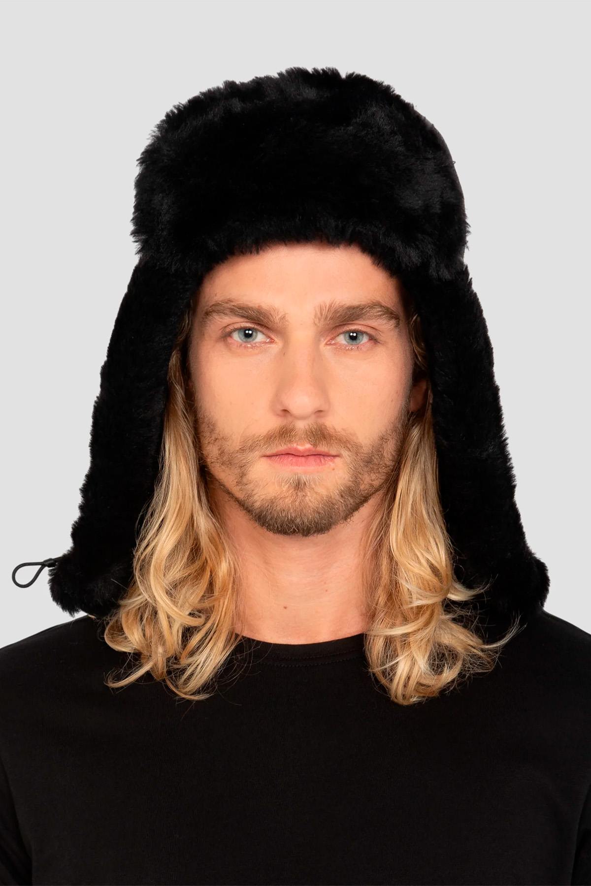 Black double-sided sheepskin hat - Image n°1