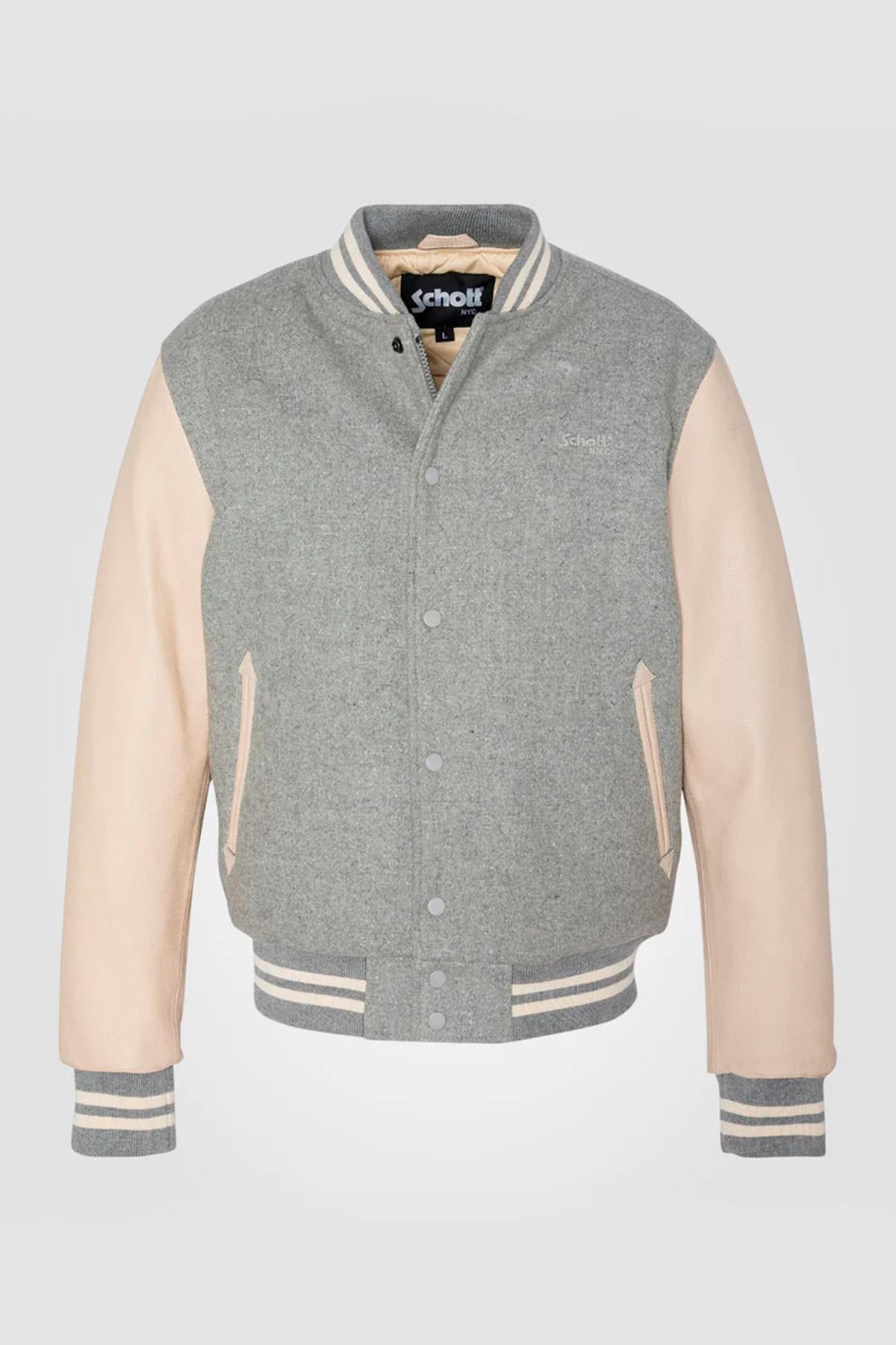 Schott NYC®'s light grey and beige wool-vachetta varsity jacket. - Image n°1