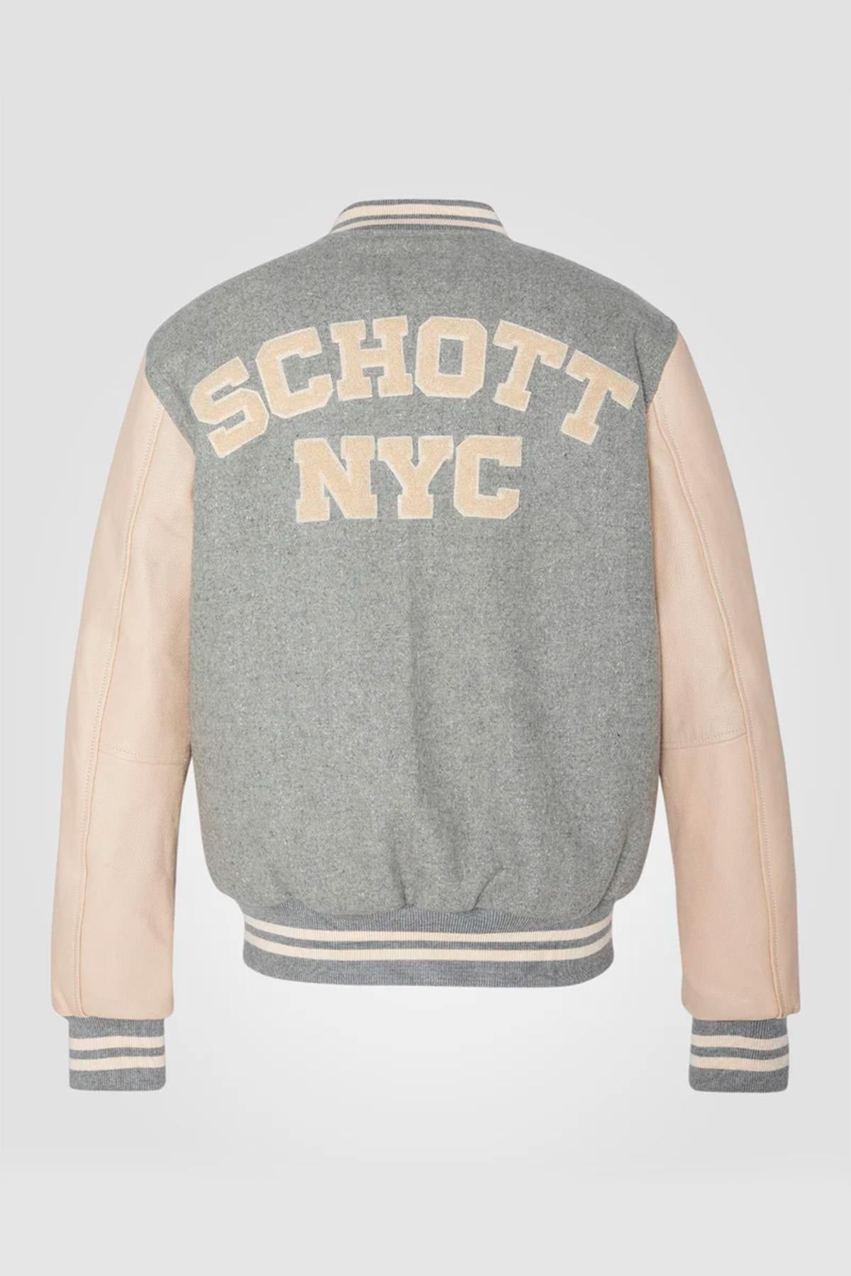 Schott NYC®'s light grey and beige wool-vachetta varsity jacket. - Image n°2