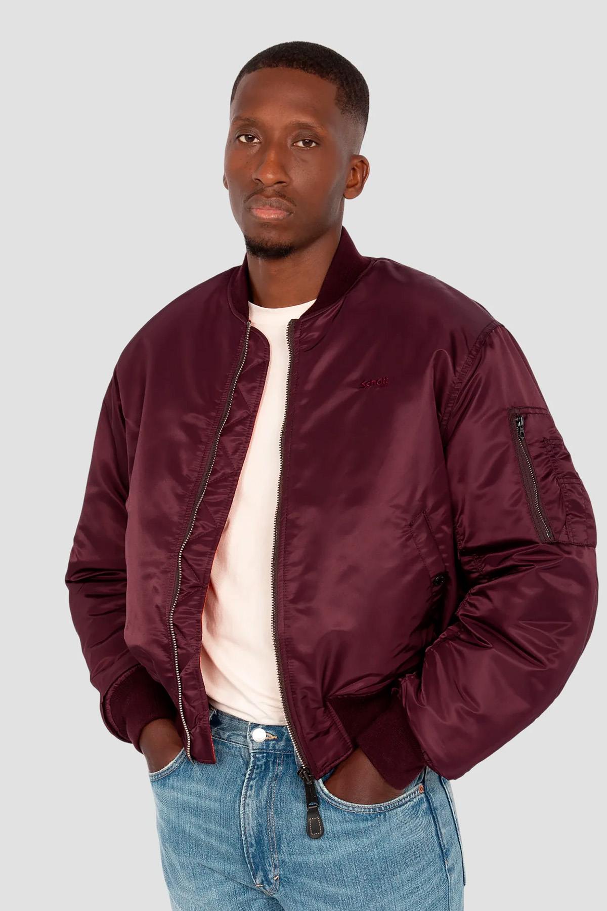 Oversized burgundy MA-1 90's bomber jacket in recycled nylon - Image n°1