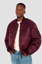 Oversized burgundy MA-1 90's bomber jacket in recycled nylon - Image n°1