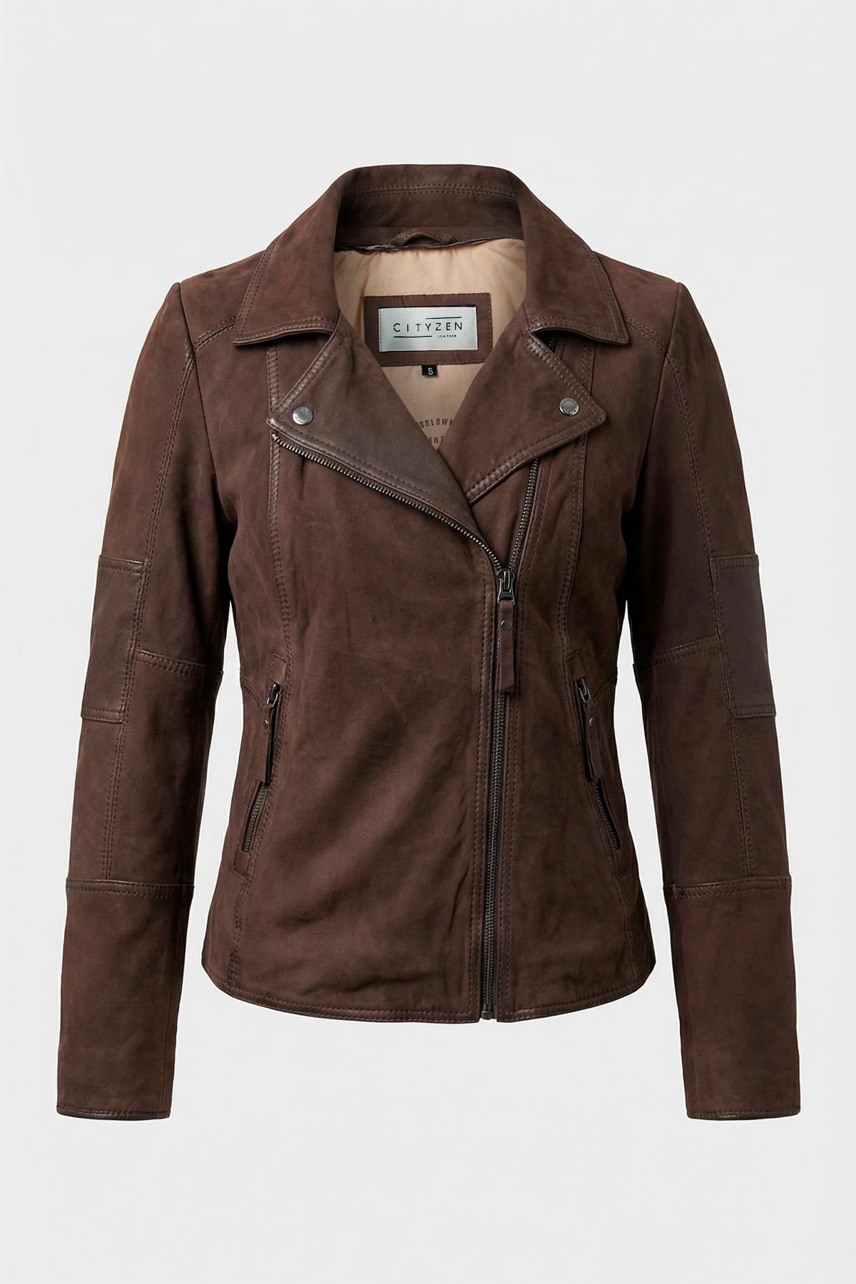 Women's brown nubuck biker jacket, slim fit for spring and summer. - Image n°5