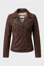 Women's brown nubuck biker jacket, slim fit for spring and summer. - Image n°5