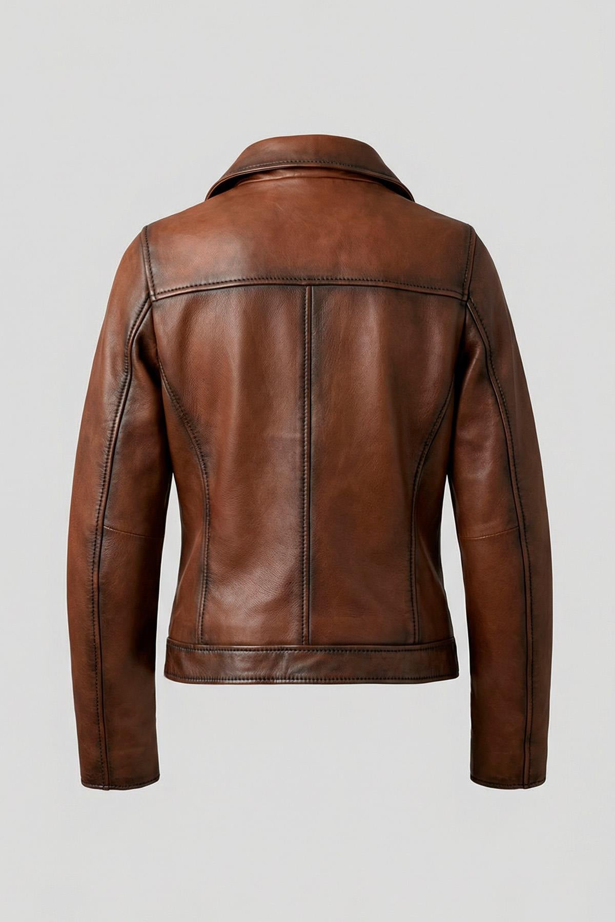 A cognac sheep leather jacket with a slim, aged biker look. - Image n°7