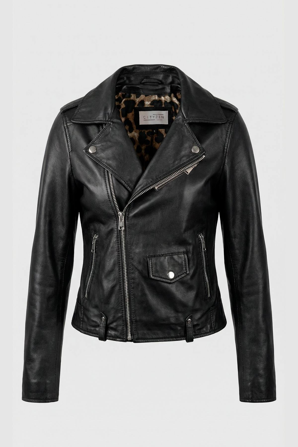 Black leather biker jacket with leopard print lining - Image n°1