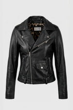 Black leather biker jacket with leopard print lining - Image n°1