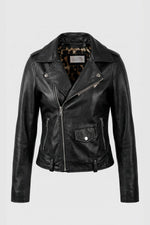 Black leather biker jacket with leopard print lining - Image n°1