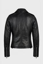 Black leather biker jacket with leopard print lining - Image n°2