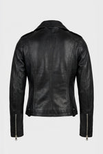 Black leather biker jacket with leopard print lining - Image n°2