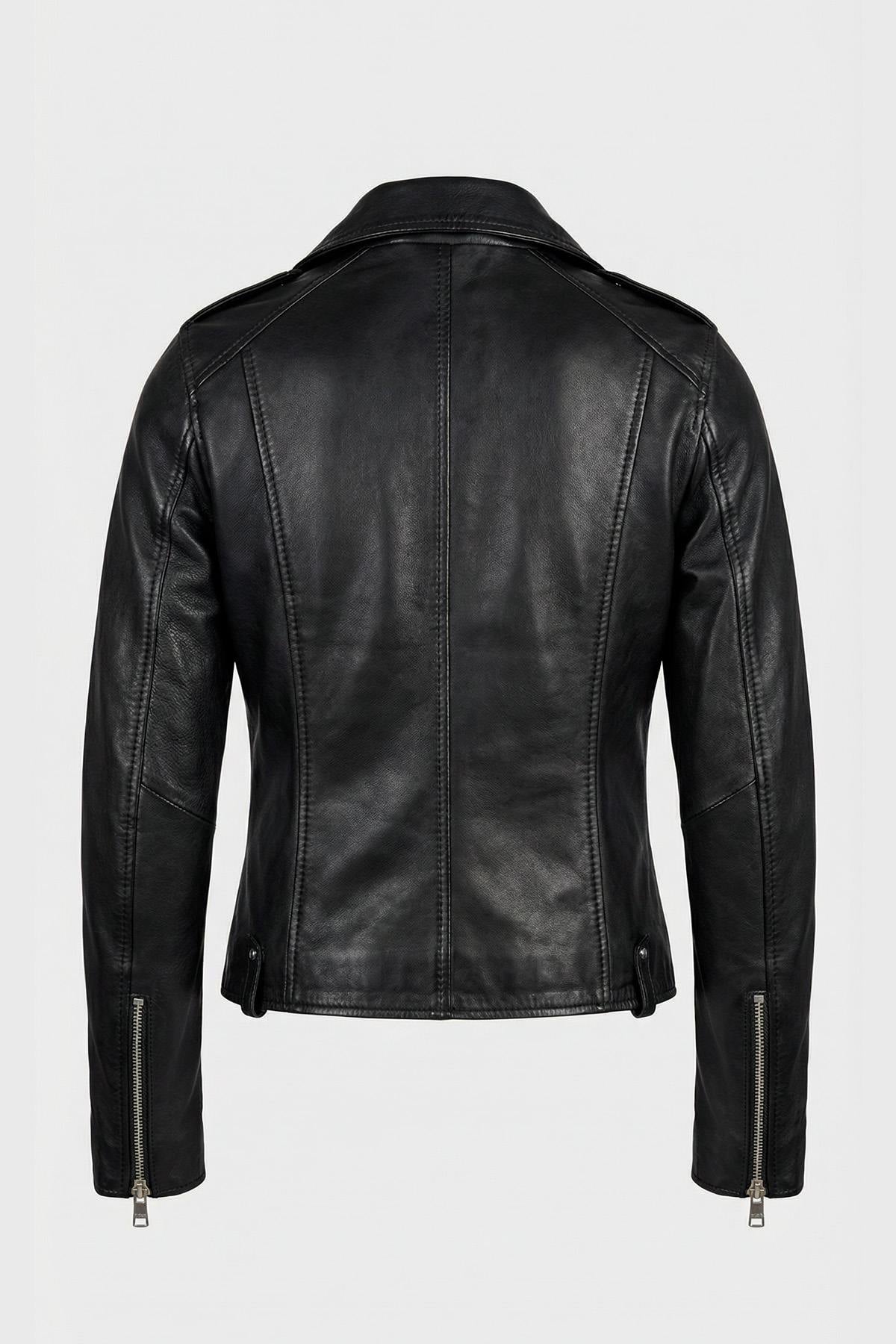 Black leather biker jacket with leopard print lining - Image n°2
